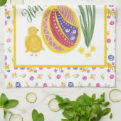 Gelukkig Pasen versierd ei, kip en zon Theedoek (Gevouwen)