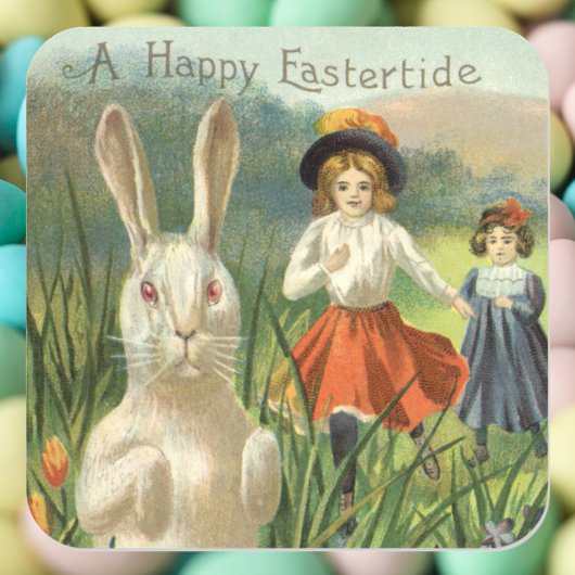 Gelukkig Pasen Vintage Paashaas en Kinderen Vierkante Sticker
