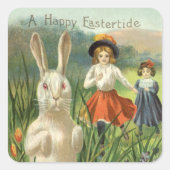 Gelukkig Pasen Vintage Paashaas en Kinderen Vierkante Sticker (Voorkant)