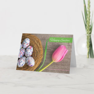 Gelukkig Pasen Voor Iedereen Roze Tulp en Eieren Feestdagen Kaart