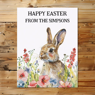 Gelukkig Pasen Waterverf Bunny in Flowers Familie Briefkaart