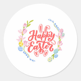 Gelukkig Pasen Waterverf Konijnenoren & Bloemen Ronde Sticker