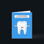 Gelukkig pensioen aan Tandarts Kaart<br><div class="desc">Een cartoon van een pratende tand,  geplaatst tegen een helderblauwe achtergrond. De tand is het gezegde 'Gelukkige pensionering naar een speciale tandarts'.</div>