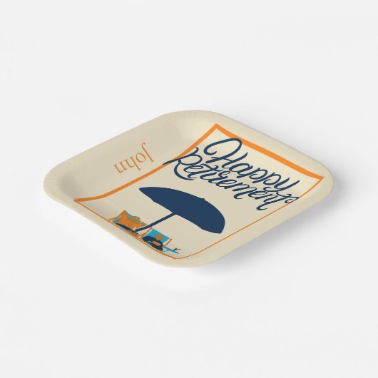 Gelukkig pensioen strand monogram naam papieren bordje (Gebogen)