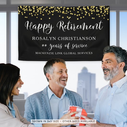 Gelukkig Pensioen Zwarte Goud Confetti Script Spandoek