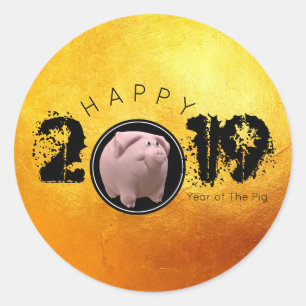 Gelukkig PIg Jaar 2019 Originele 3D gouden 2 Ronde Ronde Sticker