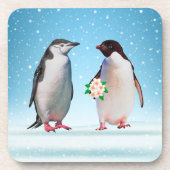 Gelukkig Pinguïn Koppel, Eén met Bloemen Bier Onderzetter (Voorkant)