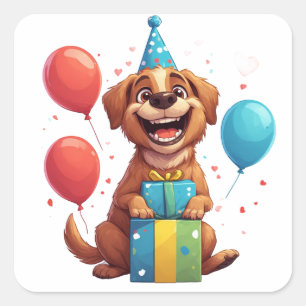 🎈 Gelukkig Puppyparty Met Ballonnen En Cadeau Vierkante Sticker