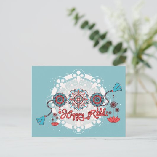 Gelukkig Rakhi, Raksha Bandhan, stoffig blauw Briefkaart (Staand voorkant)