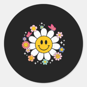 Gelukkig Retro Madeliefje Glimlachend Gezicht Prep Ronde Sticker
