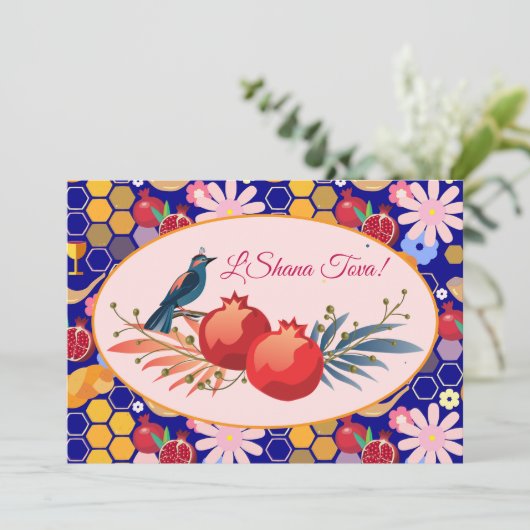 Gelukkig Rosh Hashana Joods Nieuwjaar Bloempatroon Feestdagenkaart (Staand voorkant)