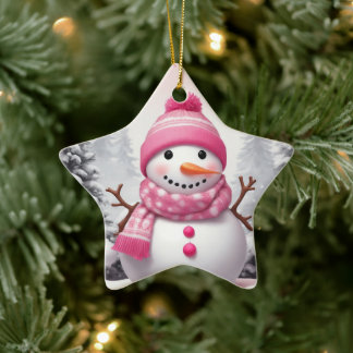 Gelukkig roze sjaal Kerstmis Sneeuwman Keramisch Ornament