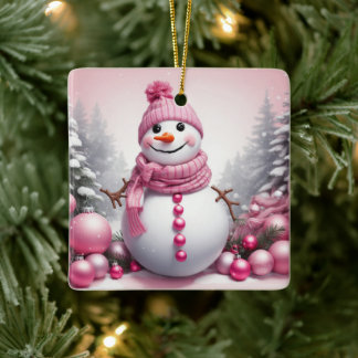 Gelukkig Roze Thema Xmas Sneeuwman Keramisch Ornament