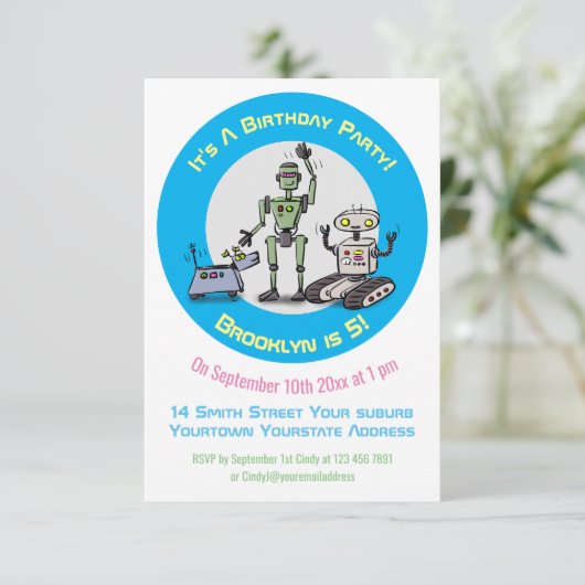 Gelukkig schattige robots trio cartoon-uitnodiging kaart (Staand voorkant)