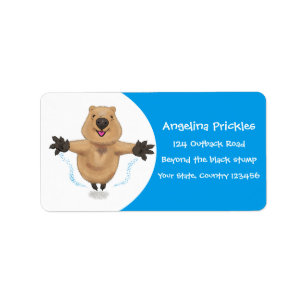 Gelukkig springend quokka cartoon design etiket