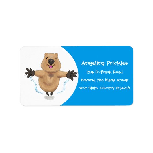 Gelukkig springend quokka cartoon design etiket (Voorkant)