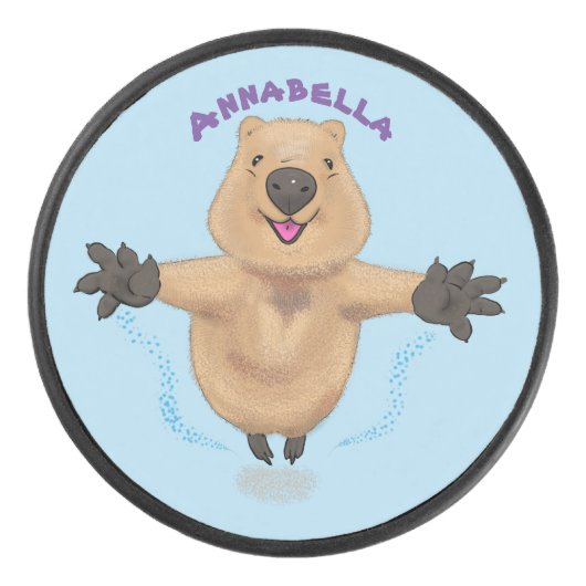 Gelukkig springend quokka cartoon design hockey puck (Voorkant)