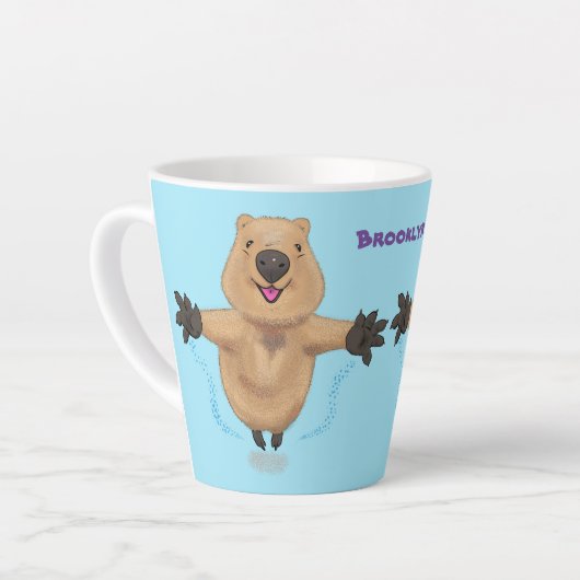 Gelukkig springend quokka cartoon design latte mok (Linkerhoek)