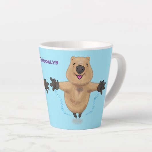 Gelukkig springend quokka cartoon design latte mok (Rechterhoek)
