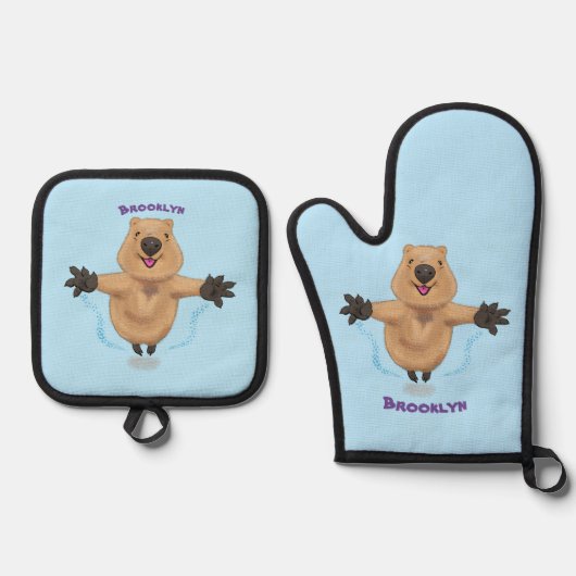Gelukkig springend quokka cartoon design ovenwant & pannenlap set (Voorkant)