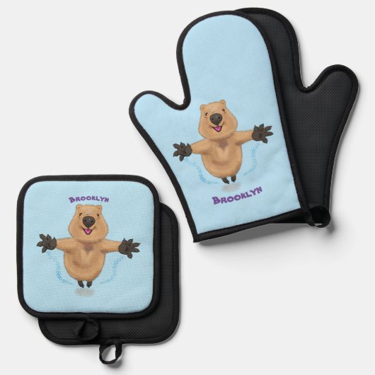 Gelukkig springend quokka cartoon design ovenwant & pannenlap set (Voorkant / Achterkant)
