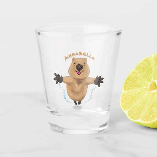 Gelukkig springend quokka cartoon design shot glas (Voorkant)