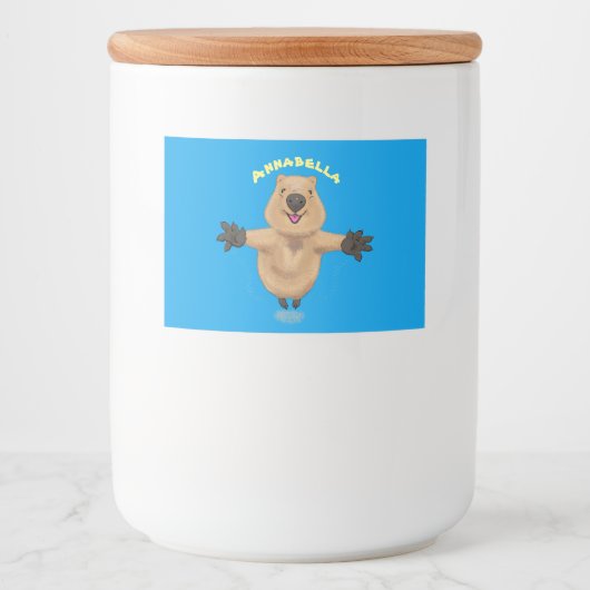 Gelukkig springend quokka cartoon design voedselcontainer etiket (Voorkant)