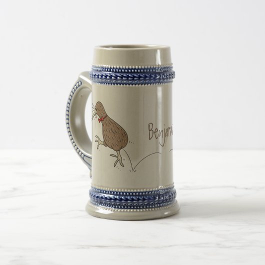 Gelukkig springkiwi met het ontwerp van de cartoon bierpul (Voorkant links)