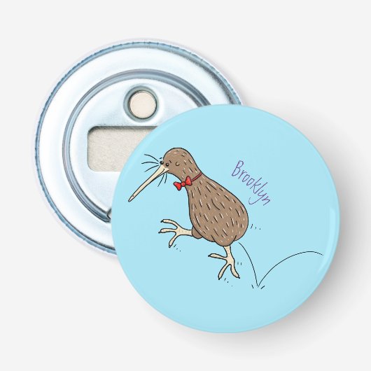 Gelukkig springkiwi met het ontwerp van de cartoon button flesopener (Voorkant)