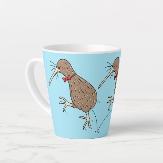 Gelukkig springkiwi met het ontwerp van de cartoon latte mok (Linkerhoek)