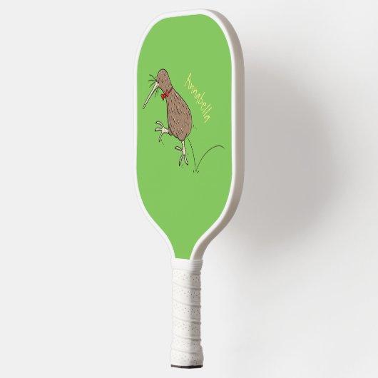 Gelukkig springkiwi met het ontwerp van de cartoon pickleball paddle (Links)