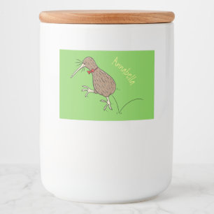 Gelukkig springkiwi met het ontwerp van de cartoon voedselcontainer etiket