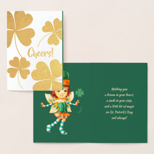 Gelukkig St. Patrick's Day. Little Fairy Irish Gir Folie Kaarten