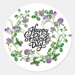 Gelukkig St.Patrick's Day. Waterverf Clover Wreato Ronde Sticker