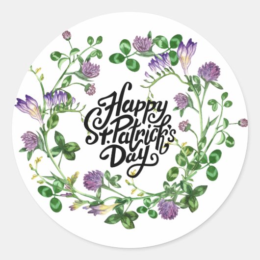 Gelukkig St.Patrick's Day. Waterverf Clover Wreato Ronde Sticker (Voorkant)