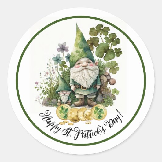Gelukkig St.Patrick's Day. Waterverf Irish Gnomes Ronde Sticker (Voorkant)