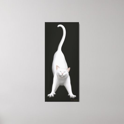 Gelukkig Stretching White Cat Wrapped Canvas Afdruk (Voorkant)