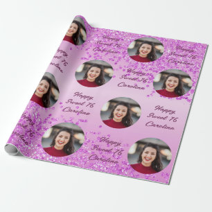 Gelukkig Sweet 16 Vallende Roze Glitters & Foto Cadeaupapier