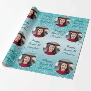 Gelukkig Sweet 16 Vallende Turkoois Blauwe Glitter Cadeaupapier