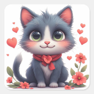 Gelukkig tekenfilmkat met bloemen en harten leuk � vierkante sticker