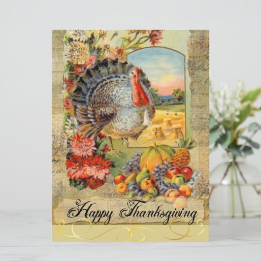 Gelukkig Thanksgiving Oude Turkije, Fruit, Bloemen Kaart (Staand voorkant)