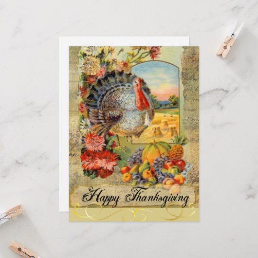 Gelukkig Thanksgiving Oude Turkije, Fruit, Bloemen Kaart (Voorkant / Achterkant in situ)