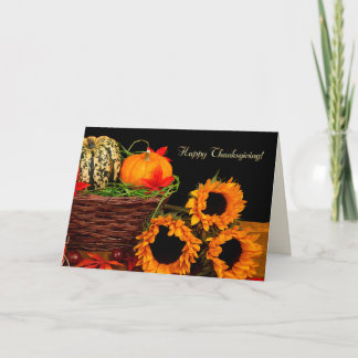 Gelukkig Thanksgiving. Pompoenen en zonnebloemen Feestdagen Kaart