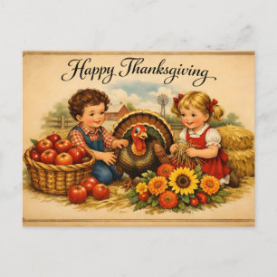 Gelukkig Thanksgiving Vintage Kinderen en Kalkoen Feestdagenkaart