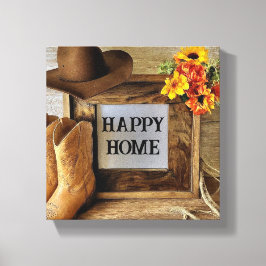 Gelukkig Thuis Cowgirl Cowboy Stijl Met Cowboylaar Canvas Afdruk