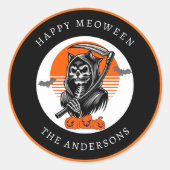 Gelukkig tussendoor Spooky Grim Reaper Cat Hallowe Ronde Sticker (Voorkant)