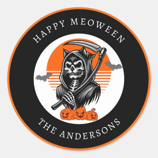 Gelukkig tussendoor Spooky Grim Reaper Cat Hallowe Ronde Sticker (Voorkant)