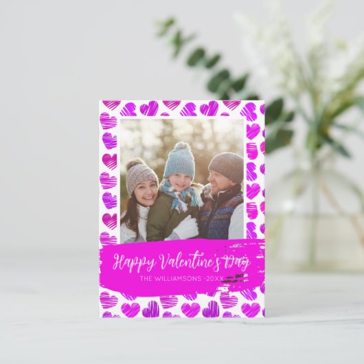 Gelukkig Valentijns Modern Paars Roze Hart Foto Feestdagenkaart (Staand voorkant)