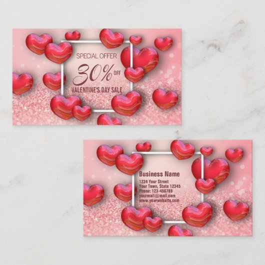 Gelukkig Valentijnsdag 3D Red Hearts Glitter Kortingskaartje (Voorkant / Achterkant)