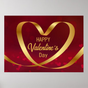 Gelukkig Valentijnsdag Gold Heart Ribbon Red Poster